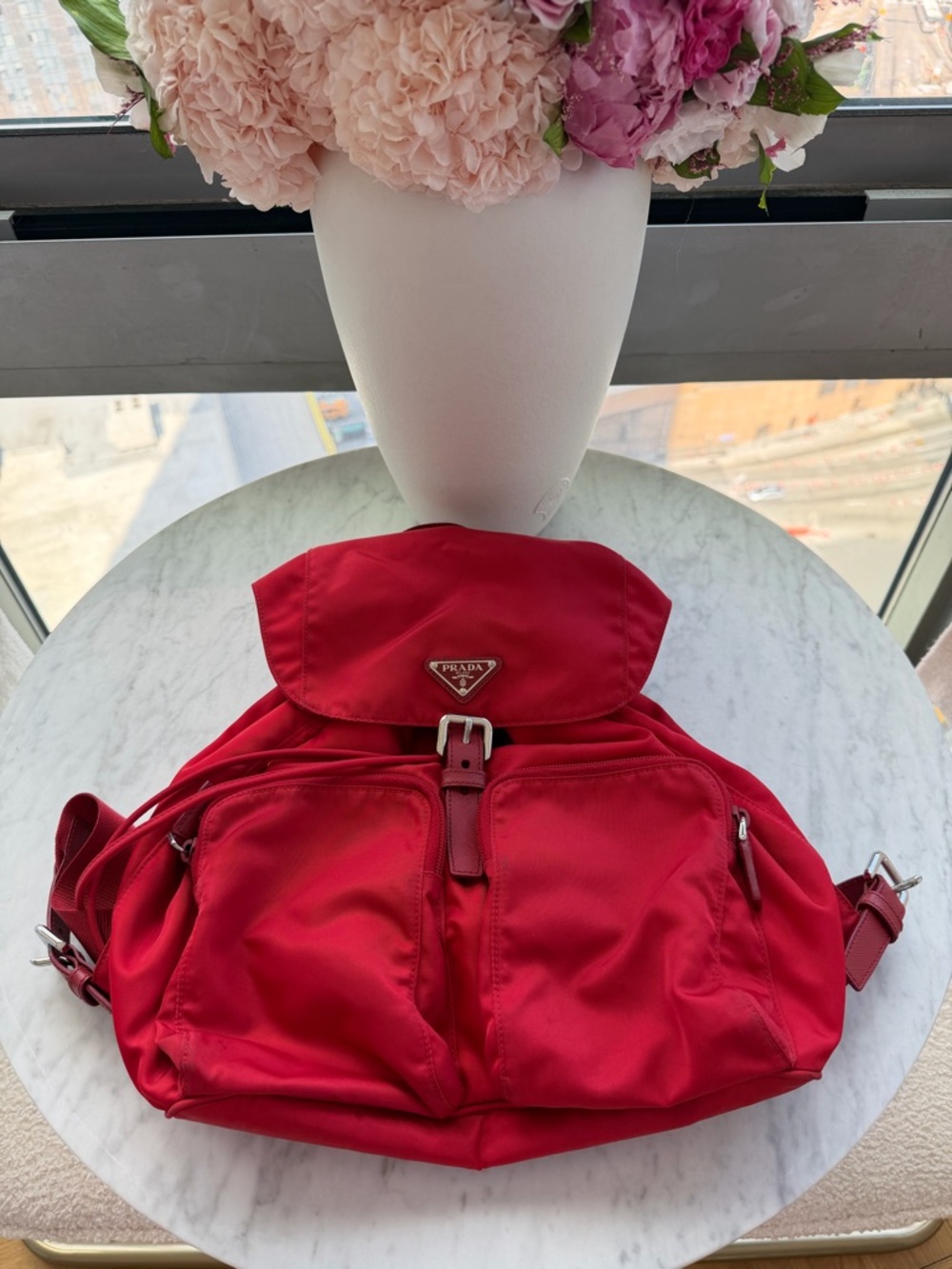 Prada red nylon backpack